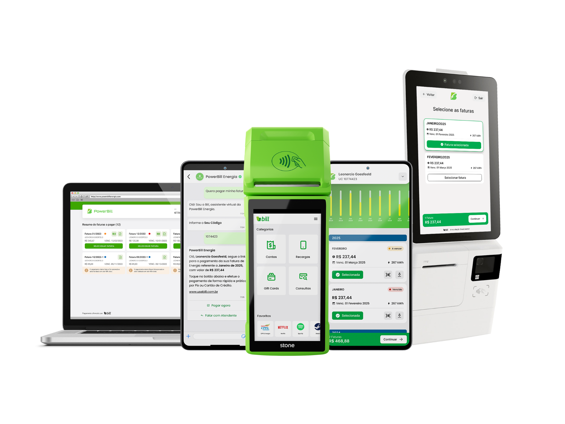 Bill em todos os dispositivos: app, WhatsApp, maquininha, web e totem de autoatendimento